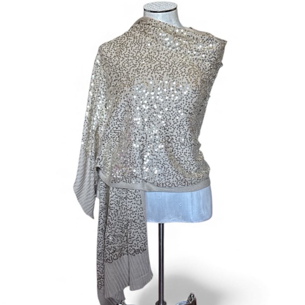 IMAN Global Chic Gold Sequin Knit Shawl Scarf Tan Neutral One Size
